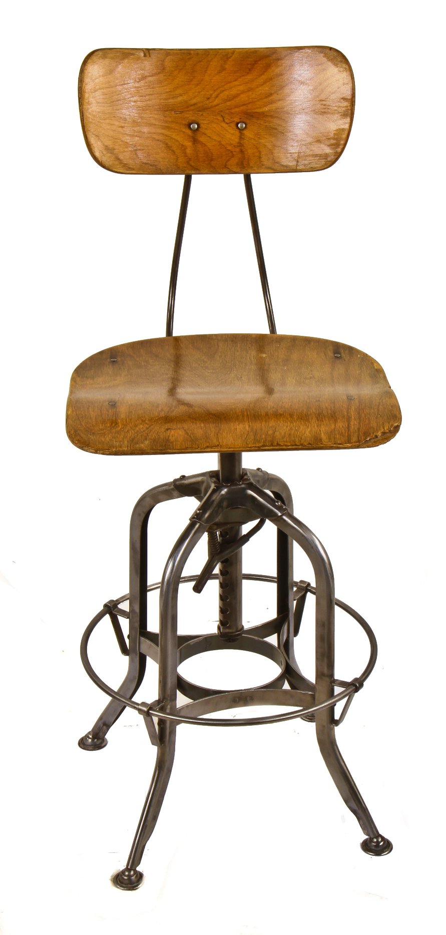 one of twro matching original and completely intact maple wood and pressed and folded "uhl art steel" adjustable height stool with large saddle seat and slightly contoured backrest