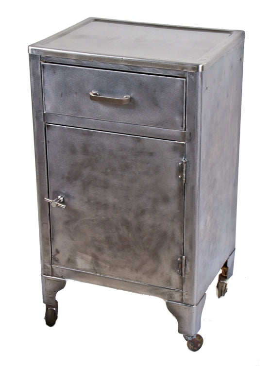 very clean and robust late 1930's american antique medical mobile four-legged hospital heavy gauge steel supply cabinet with original stainless steel tabletop