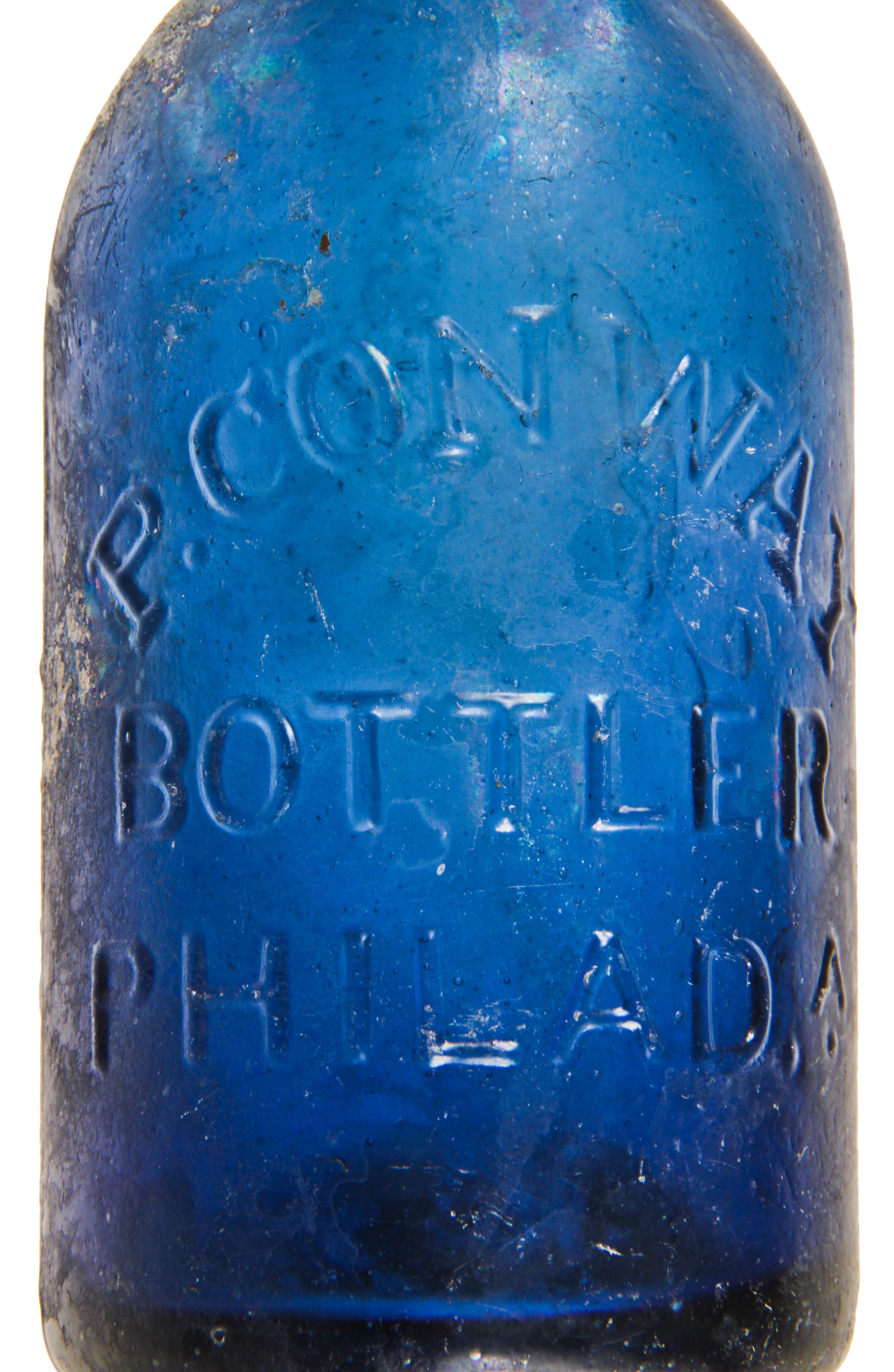 hard to find intact antique privy dug c. 1850's deep cobalt blue pontiled soda bottle manufactured for philadelphia bottler patrick conway.