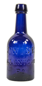 original civil war era c. 1860's deep cobalt blue porter shaped soda or mineral water bottle manufactured for pennsylvania bottler james wise.
