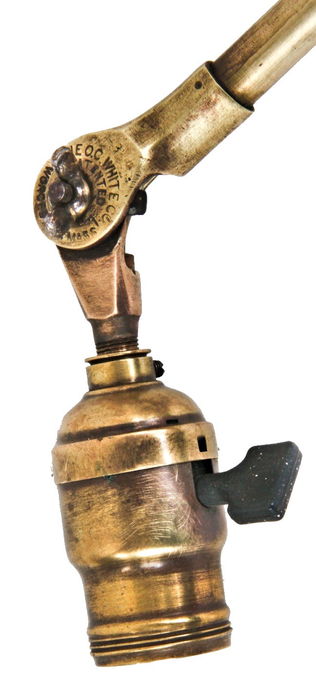versatile early 20th century antique american industrial fully adjustable highly desirable tubular brass telescoping o.c. white articulating task lamp with cast brass mountable backplate