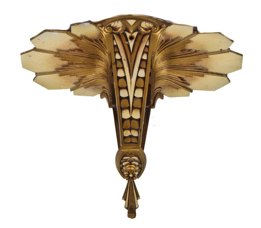 very well-maintained original c. 1930's american depression era art deco style ornamental cast iron slip shade ceiling fixture with polychromatic finish