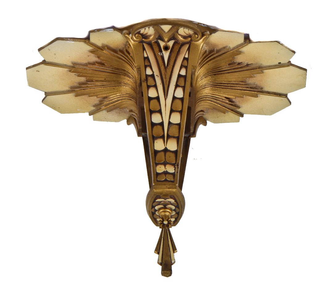 very well-maintained original c. 1930's american depression era art deco style ornamental cast iron slip shade ceiling fixture with polychromatic finish