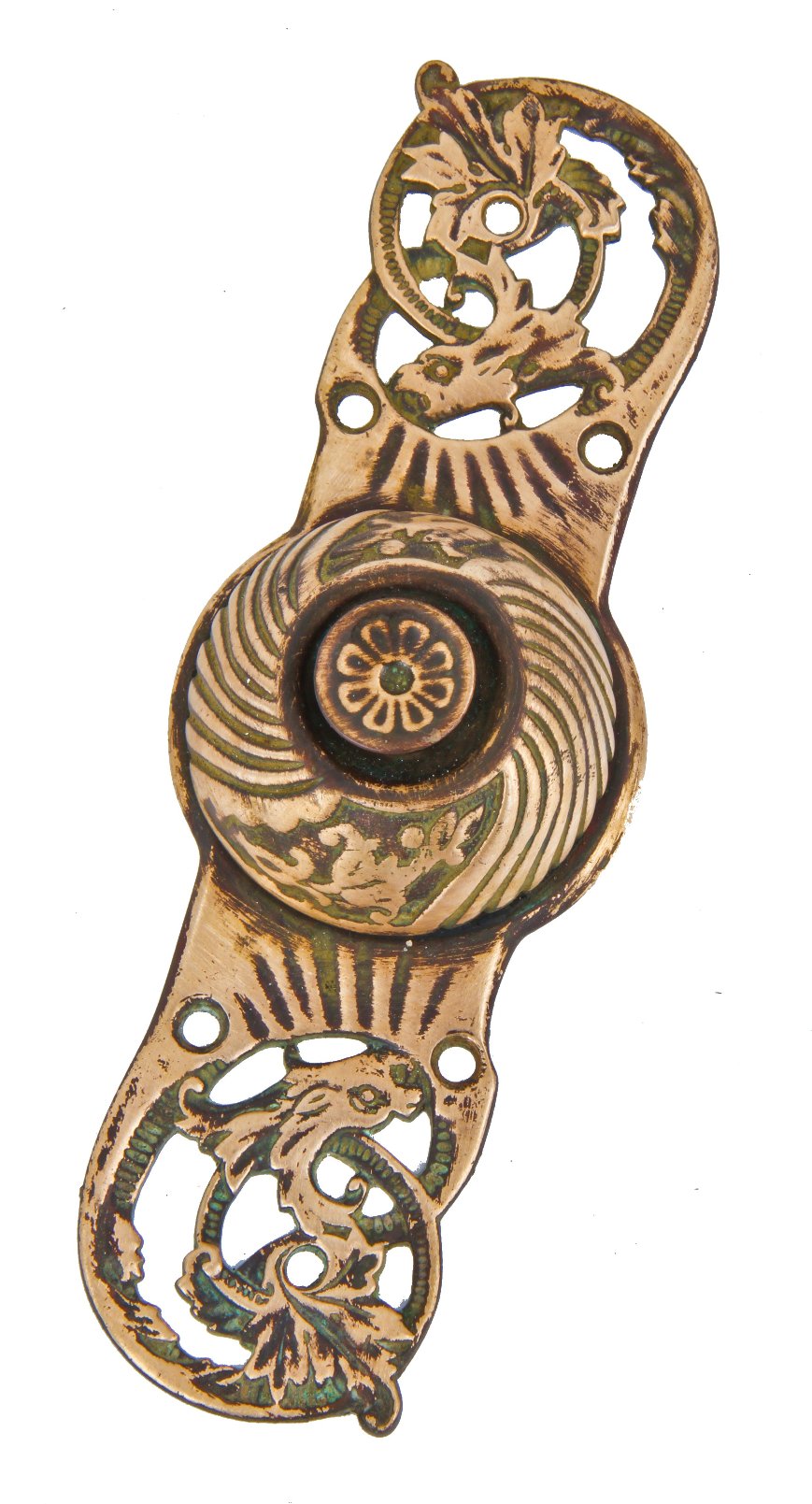 rare late 19th century antique american ornamental cast bronze "empire" pattern exterior surface mount electric doorbell push button backplate