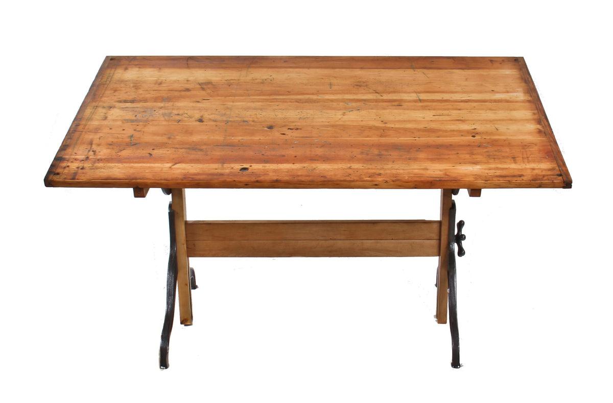oversized late 1920's american industrial fully adjustable "hamilton" refinished maple wood architect's drafting table with fanciful brushed cast iron legs