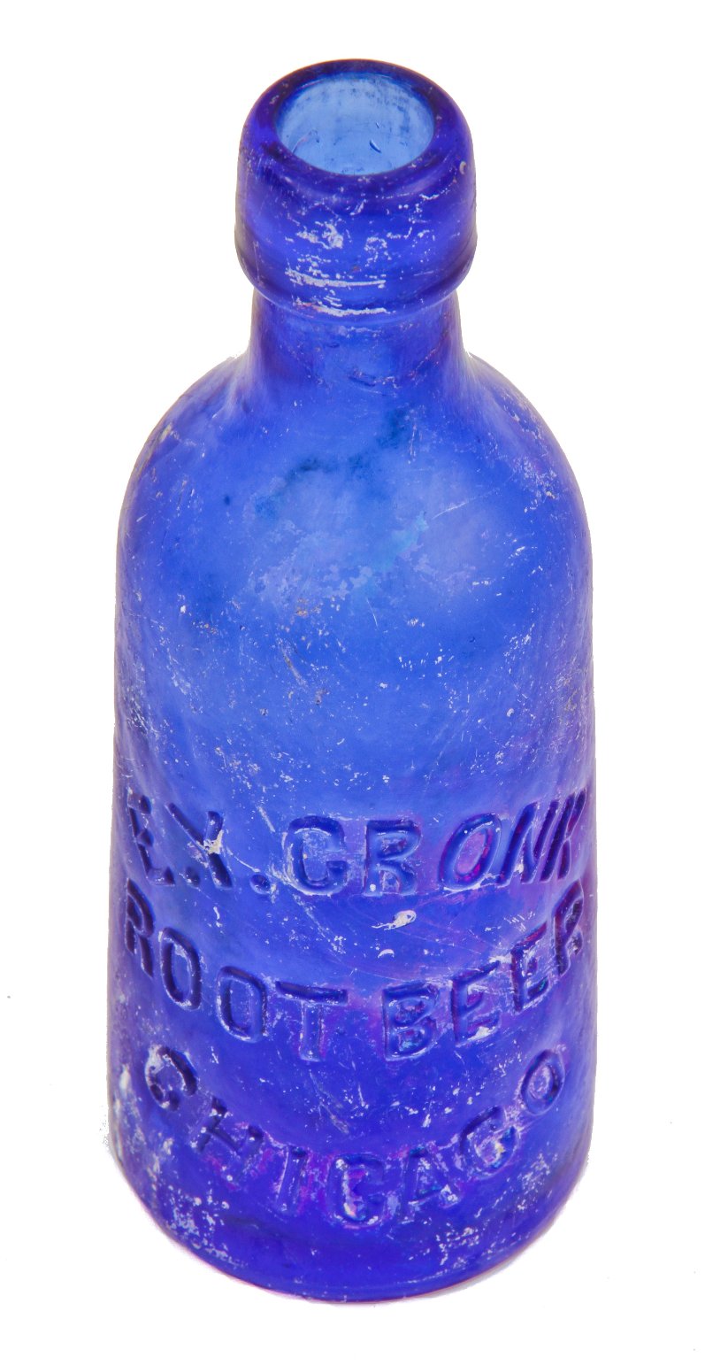 exceptionally rare c. 1879-1882 vibrantly colored dark cobalt blue squat "dr. cronk's" root beer bottle manufactured for edward cronk in chicago, il.