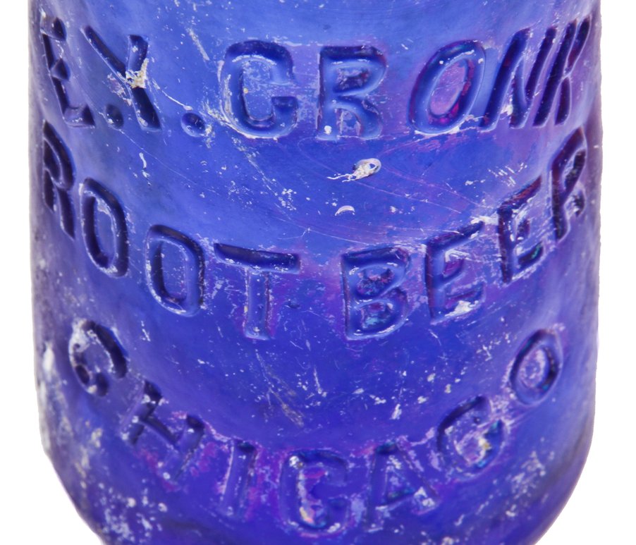 exceptionally rare c. 1879-1882 vibrantly colored dark cobalt blue squat "dr. cronk's" root beer bottle manufactured for edward cronk in chicago, il.