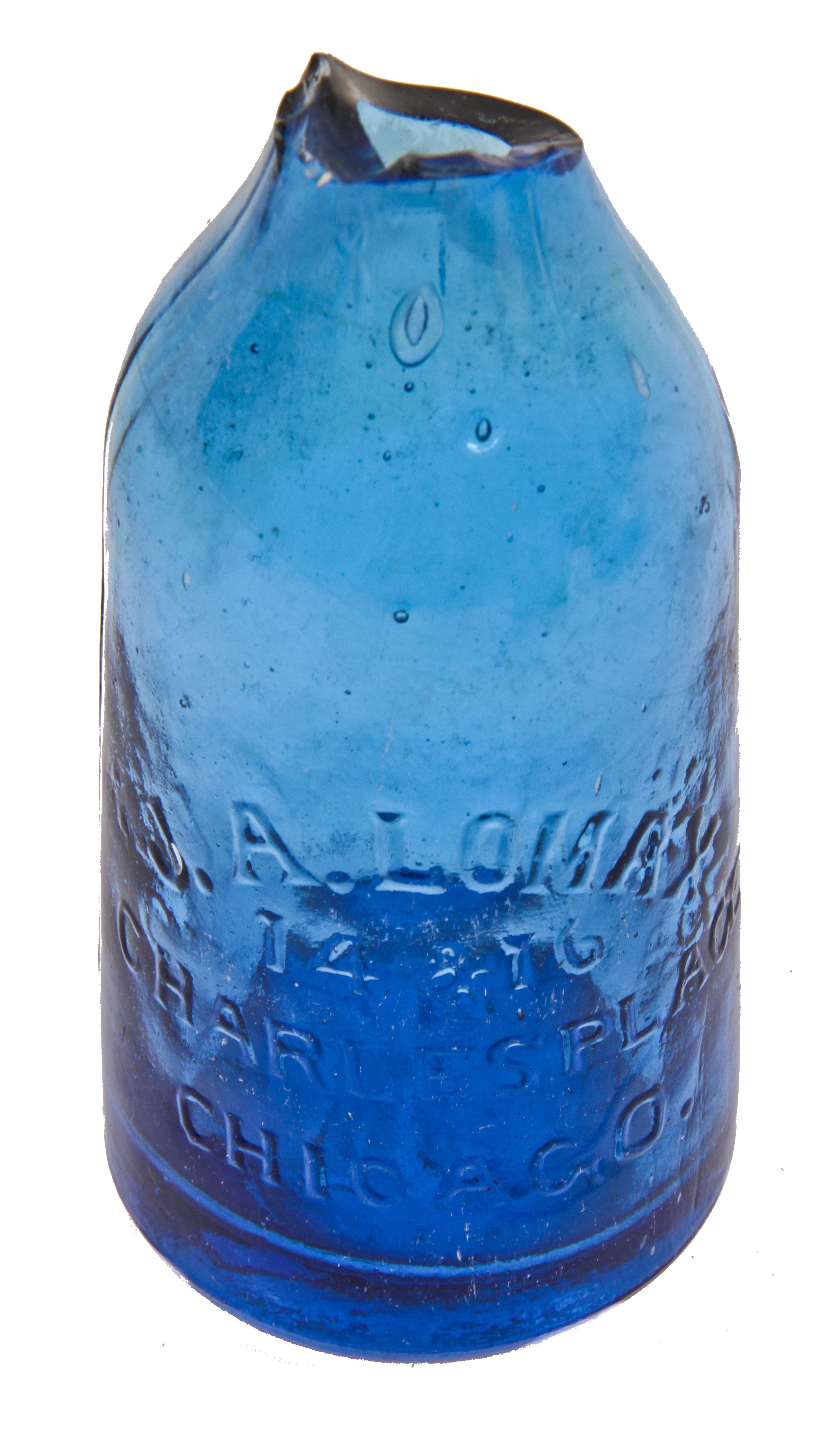 original privy dug fragment of an early 1870's richly colored deep cobalt blue john a. lomax soda or mineral water bottle with embossed initials along the smooth base