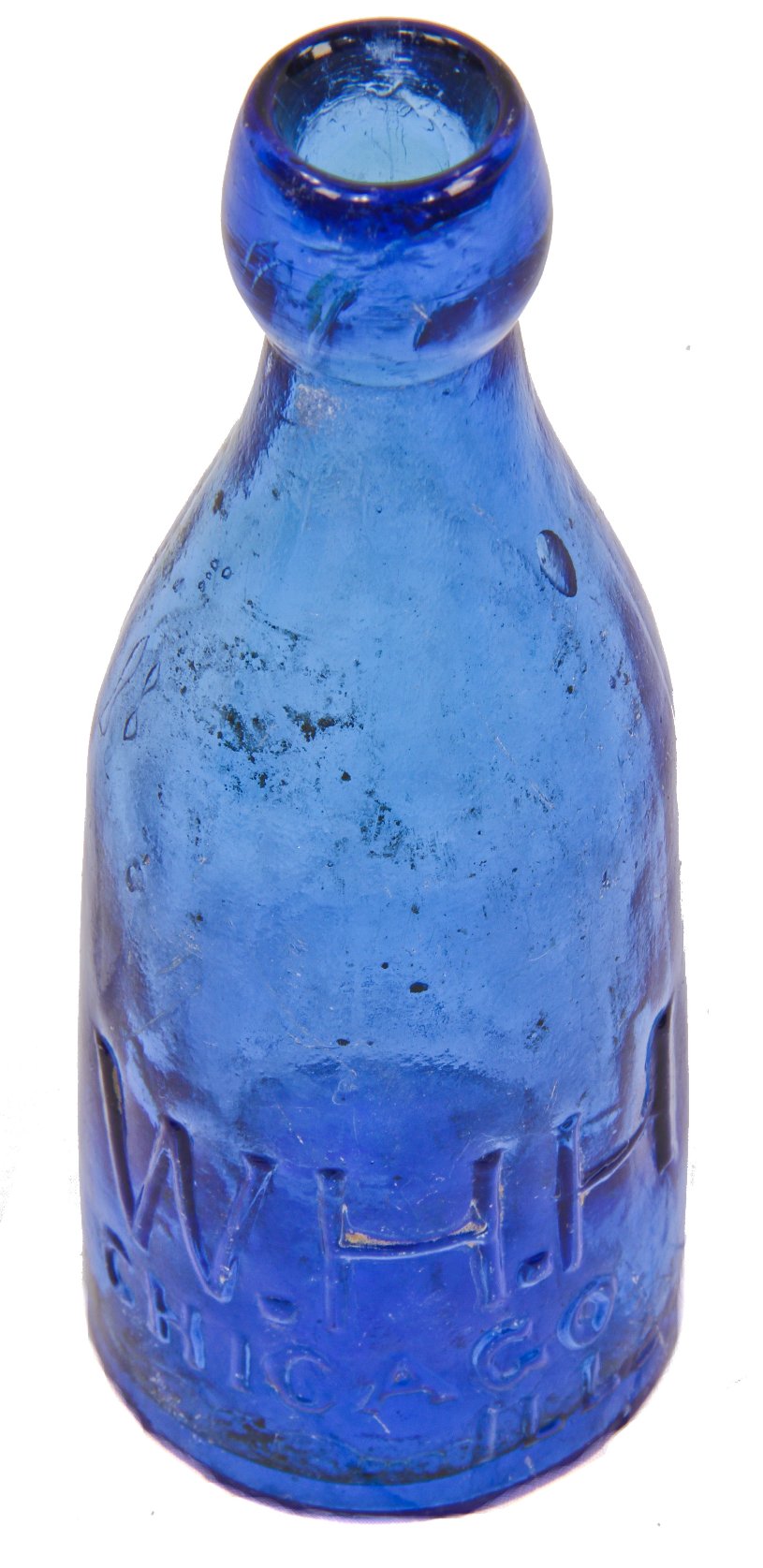 original and amazingly intact privy dug c. 1860's-1870's cobalt blue glass w.h.h. soda or mineral water bottle with applied blob top