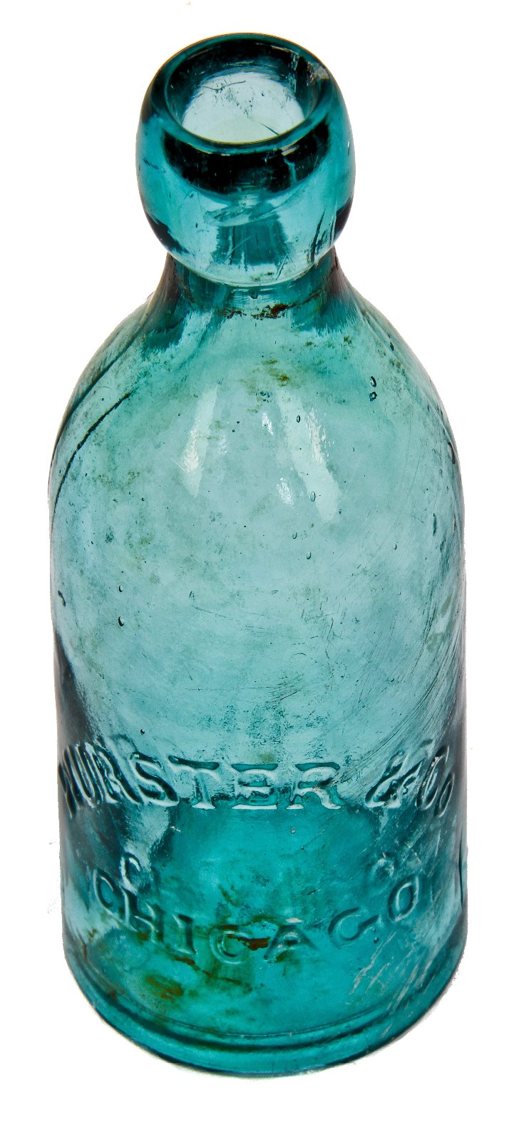 hard to find original antique privy dug c. 1860's-1870's vibrant blue aqua glass blobtop mineral water bottle manufactured for chicago bottler gottlieb wurster.