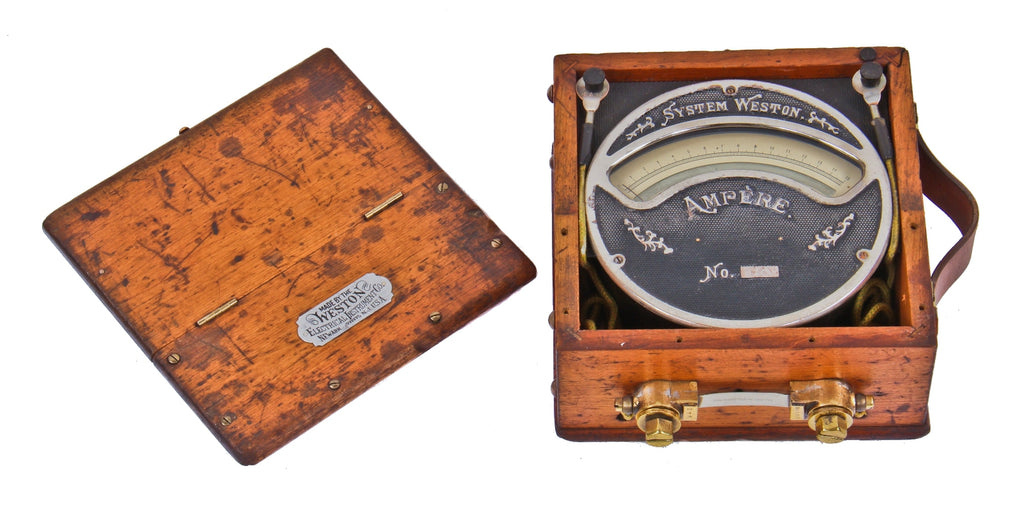 seldom found all original and completely intact turn of the century portable nicke-plated cast iron ampere-meter with varnished hardwood carrying case