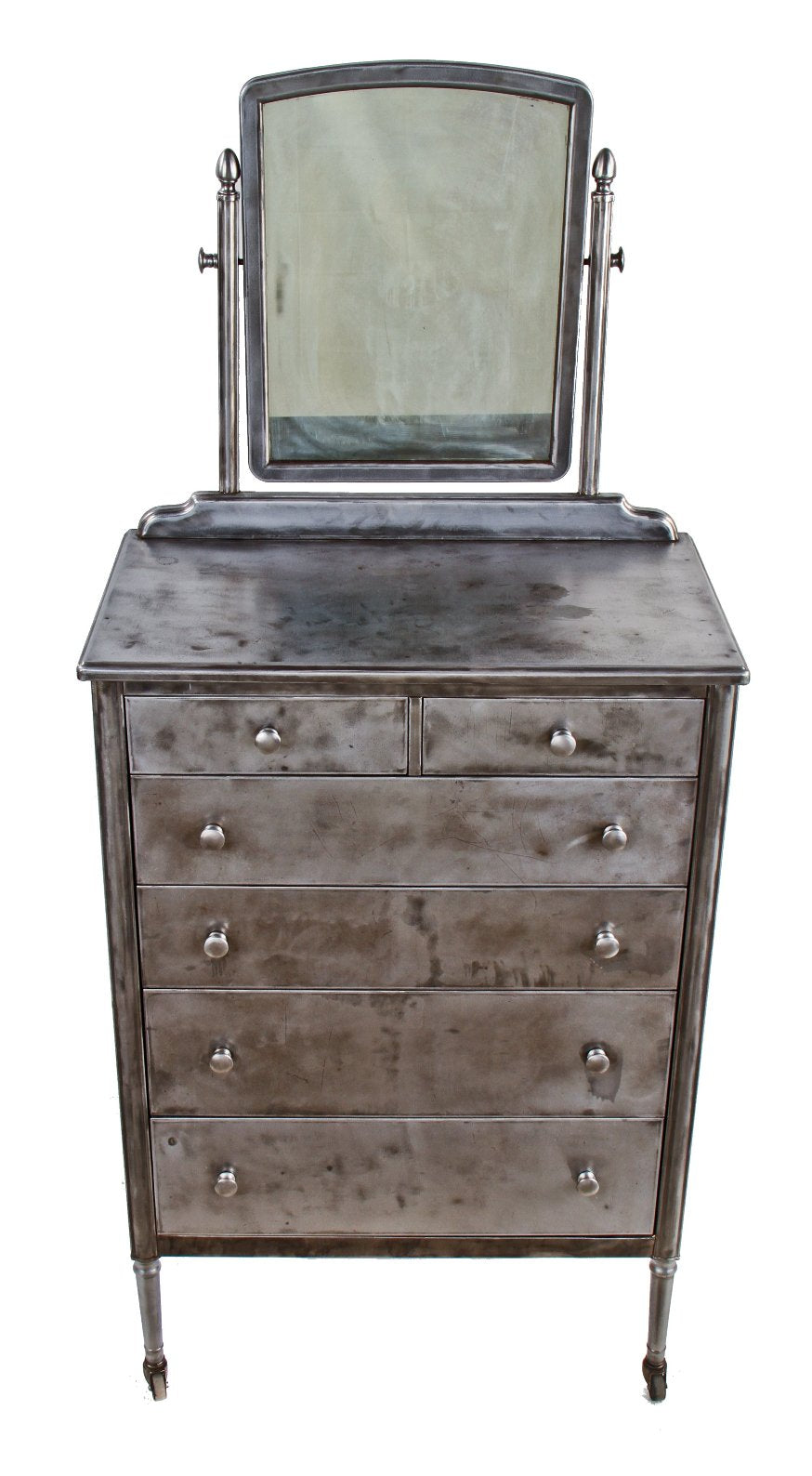 completely intact and original american machine age pressed and folded steel hotel "highboy" dresser with fully functional sliding drawers and tiling mirror