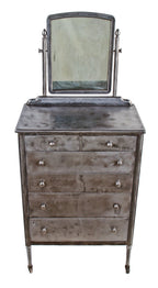 completely intact and original american machine age pressed and folded steel hotel "highboy" dresser with fully functional sliding drawers and tiling mirror