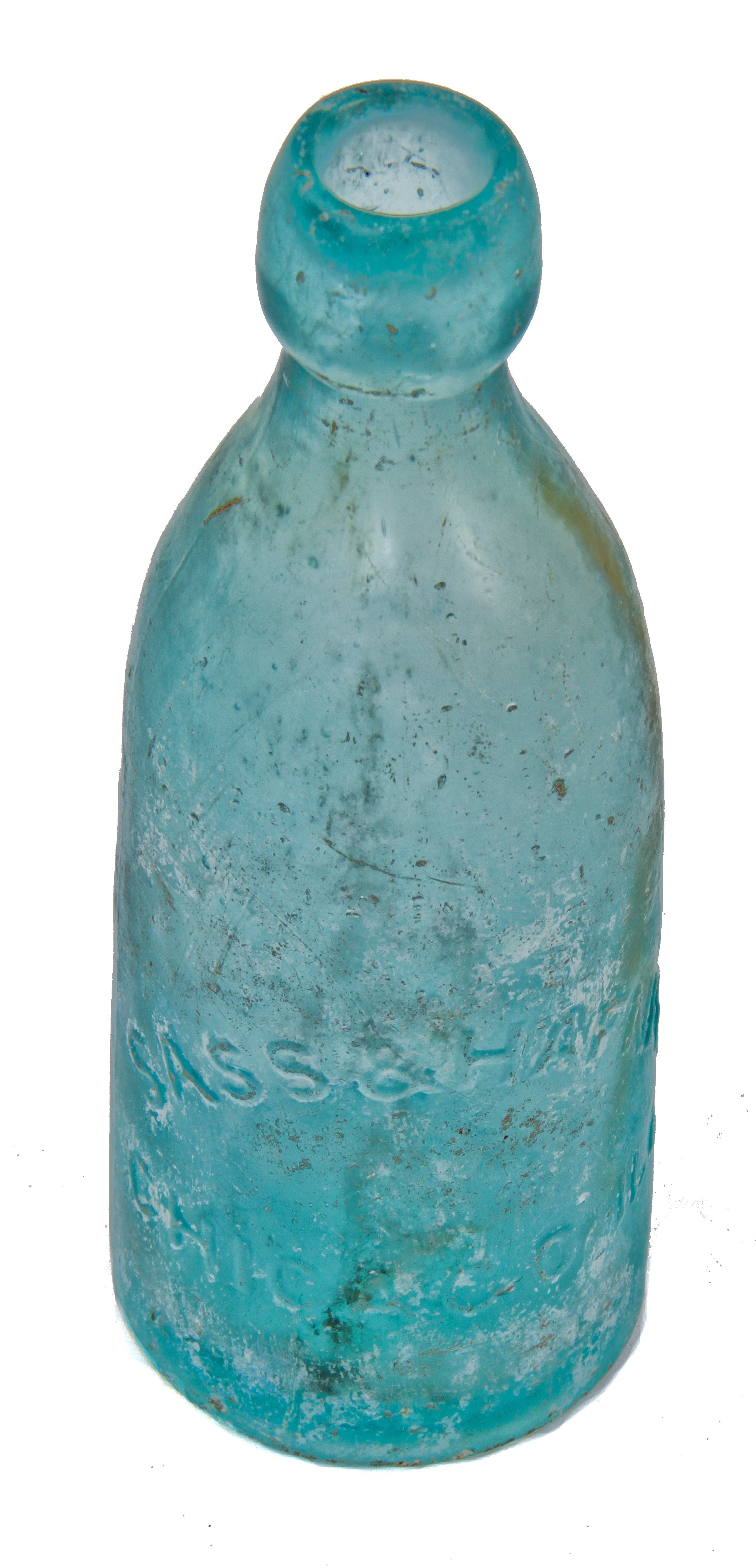 original c. 1865-1875 antique american blue aqua glass chicago sass & hafner privy dug soda bottle with applied blob top