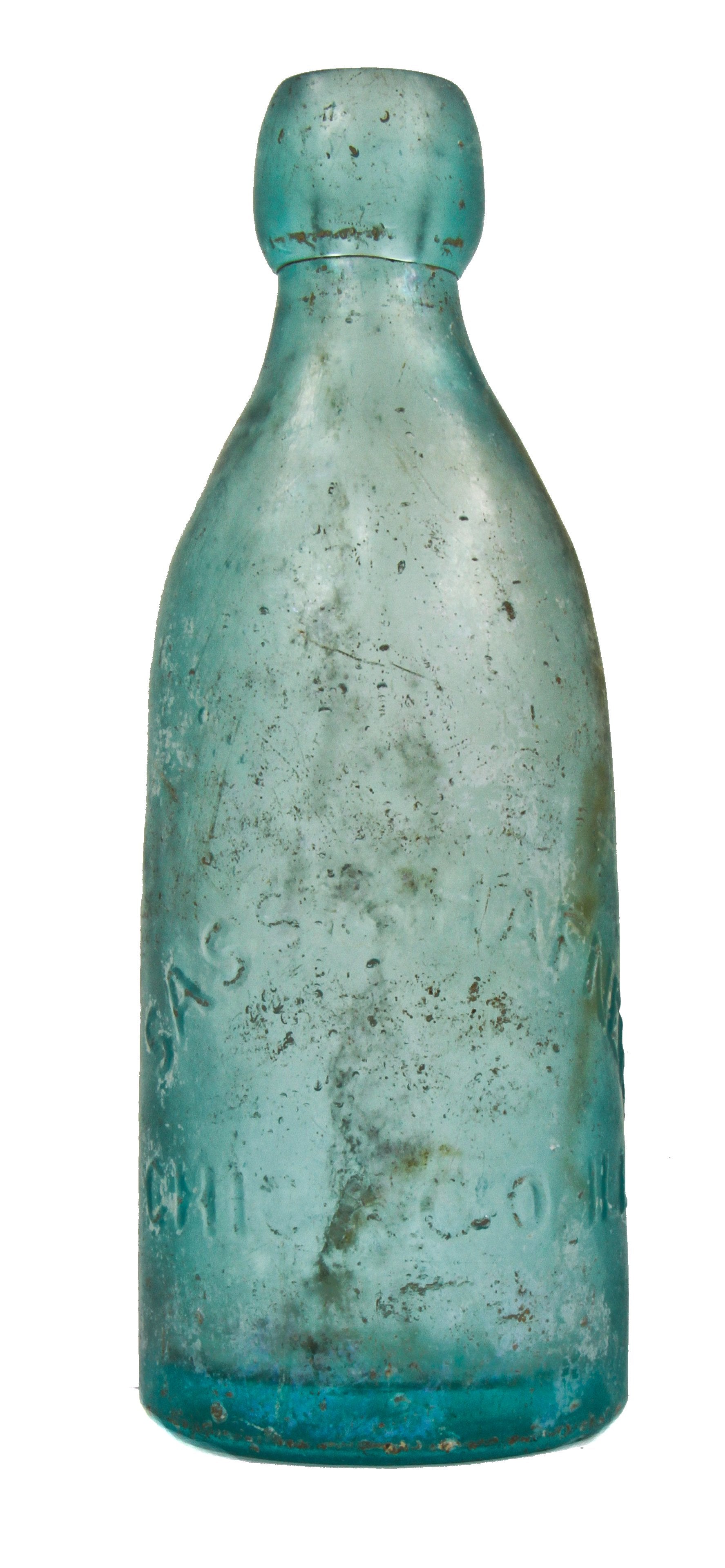 single all original c. 1865-1875 privy dug antique american light blue aqua glass chicago sass & hafner privy dug soda bottle with applied blob top