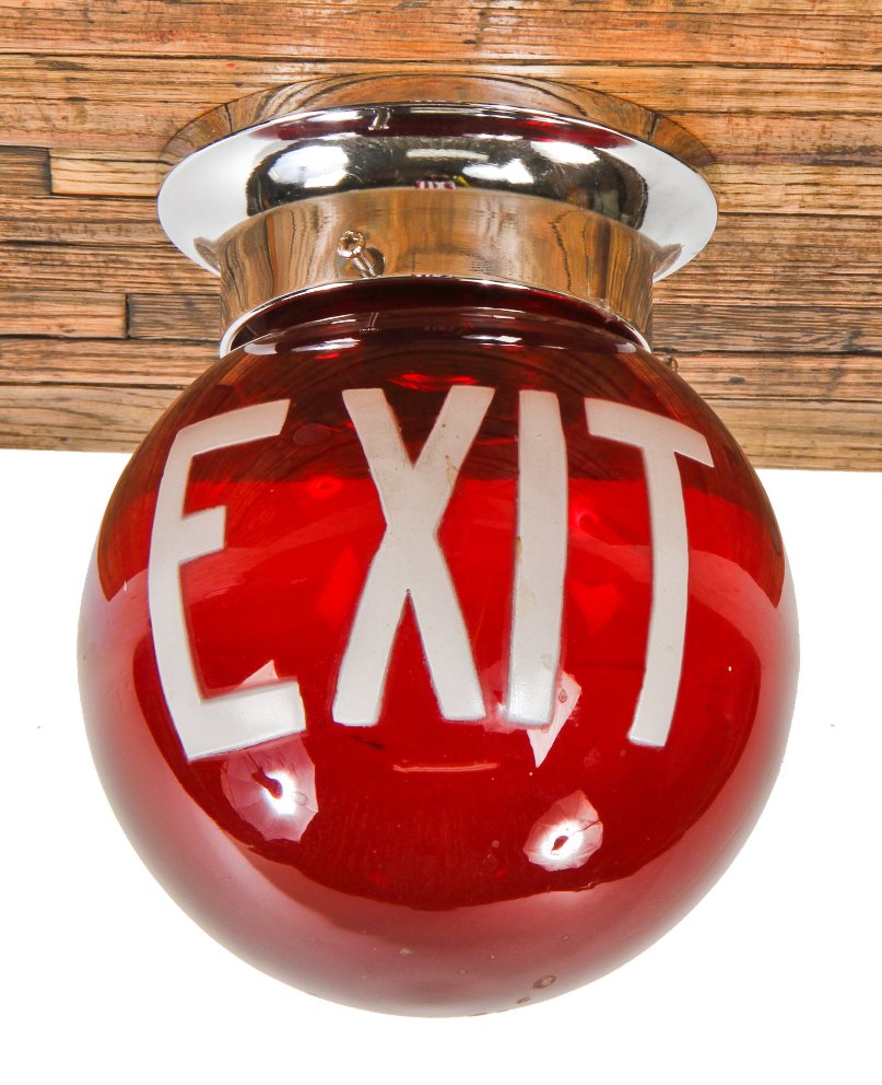 original fully functional early 1930's american antique ruby red illuminated glass interior exit sign with white enameled letter applied to a "kopp" globe or shade