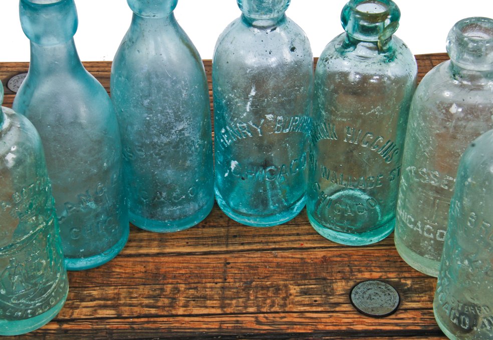 lot of chicago privy dug c. 1880's-1890's aqua blue glass blobtop bottle fabricated for an assortment of chicago bottlers