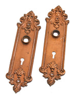matching set of original late 19th century antique american ornamental copper-plated chicago two-flat residential passage door escutcheons or backplates