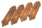 four matching late 19th century antique american copper-plated cast iron interior residential "pasco" pattern doorknob backplates salvaged from a chicago two-flat