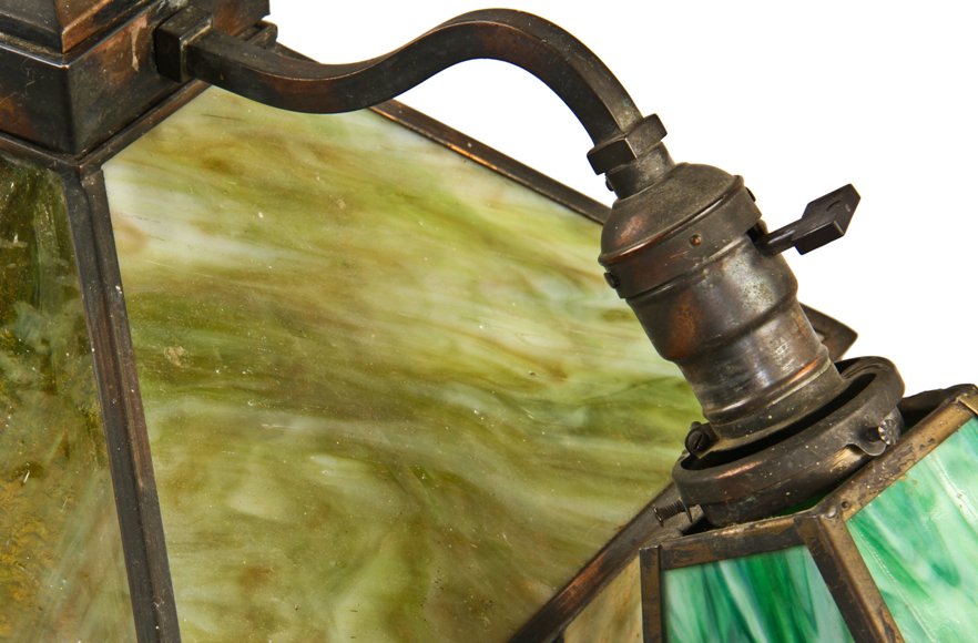 early 20th century l original interior rewired highly desirable oxidized copper-plated brass hotel ceiling fixture replete with variegated art glass pyramidal-shaped shades