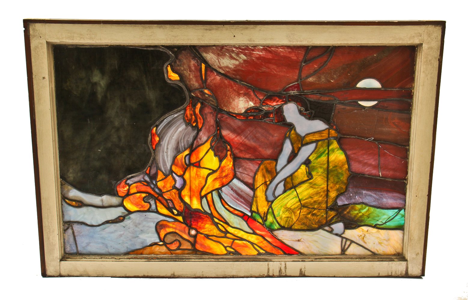 brilliantly colored and/or deeply toned original late 19th or early 20th century la farge-esque antique american art nouveau style residential layered art glass figural widow