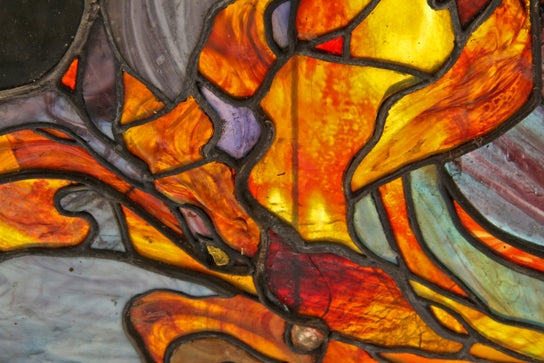 brilliantly colored and/or deeply toned original late 19th or early 20th century la farge-esque antique american art nouveau style residential layered art glass figural widow