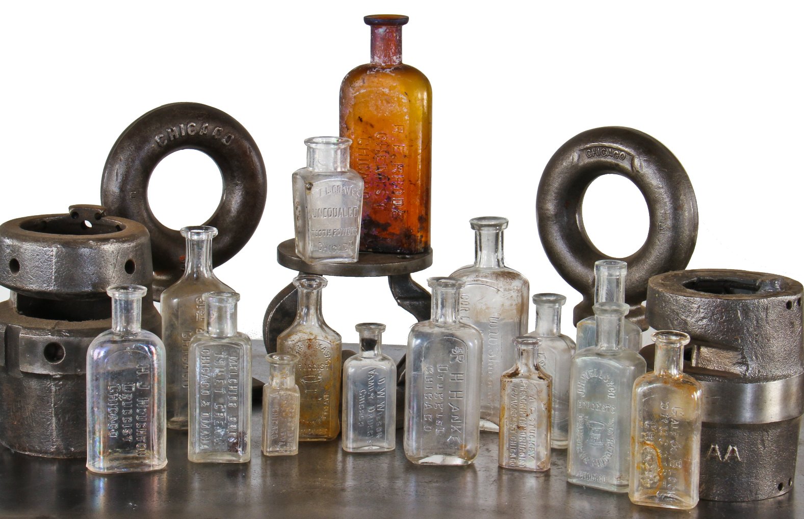 nice assortment of original late 19th and early 20th century original chicago privy-dug druggist bottles with bold and deeply embossed markings