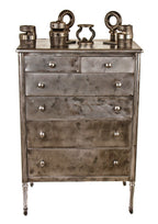 original late 1930's american depression era pressed and folded heavy gauge furniture sheet steel "simmons" highboy dresser with intact casters and brushed metal finish