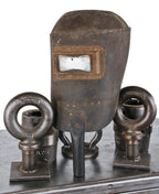 original c. 1930's original american industrial handheld riveted seam worn composite welding mask with original black enameled tubular steel handle