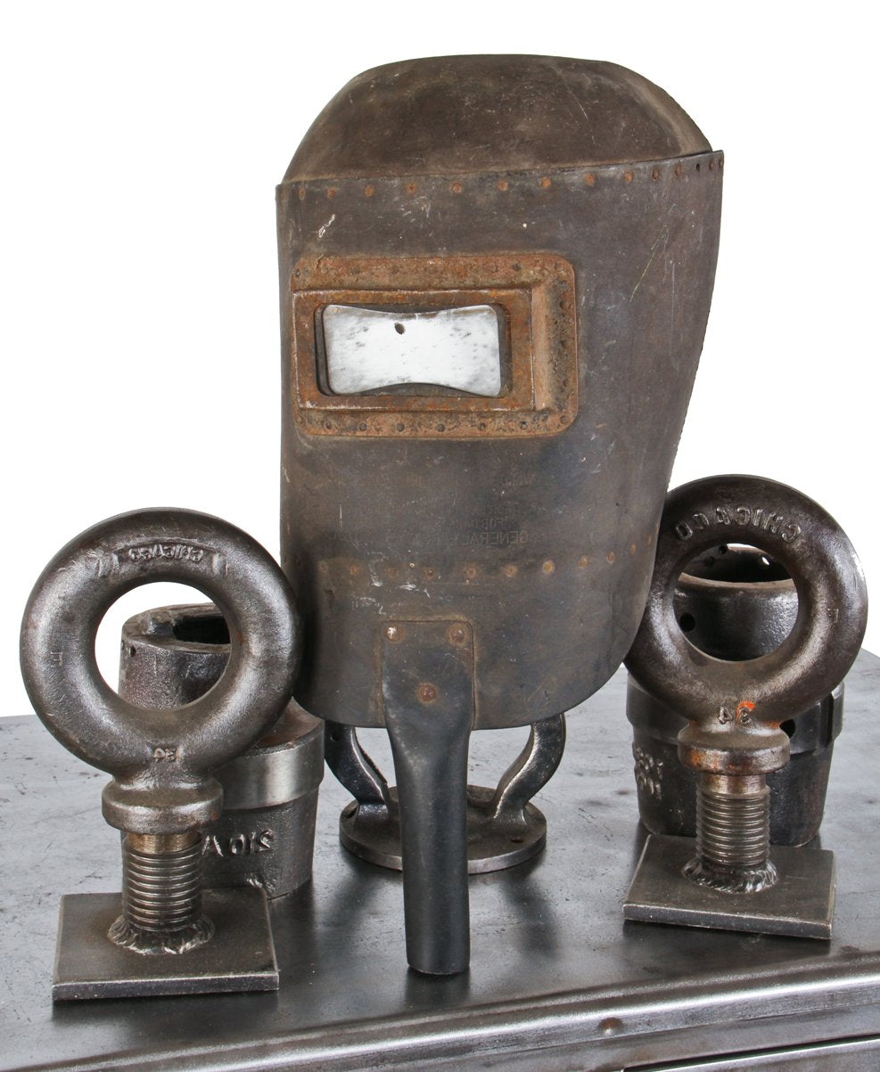original c. 1930's original american industrial handheld riveted seam worn composite welding mask with original black enameled tubular steel handle