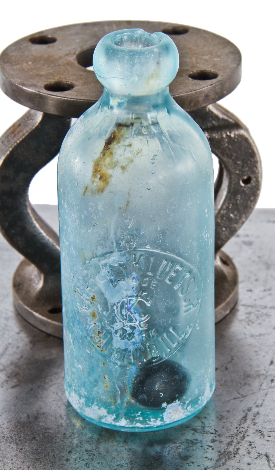 original antique late nineteenth century privy dug deep blue aqua glass hutchinson blobtop soda bottle manufactured for chicago bottler charles kluetsch.