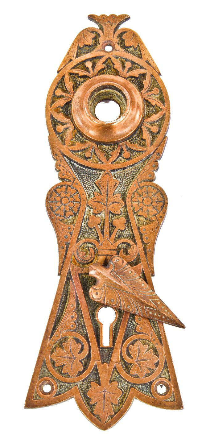 seldom found original finely cast ornamented bronze exterior antique american residential entrance door backplate with "arrowhead" swinging key cover