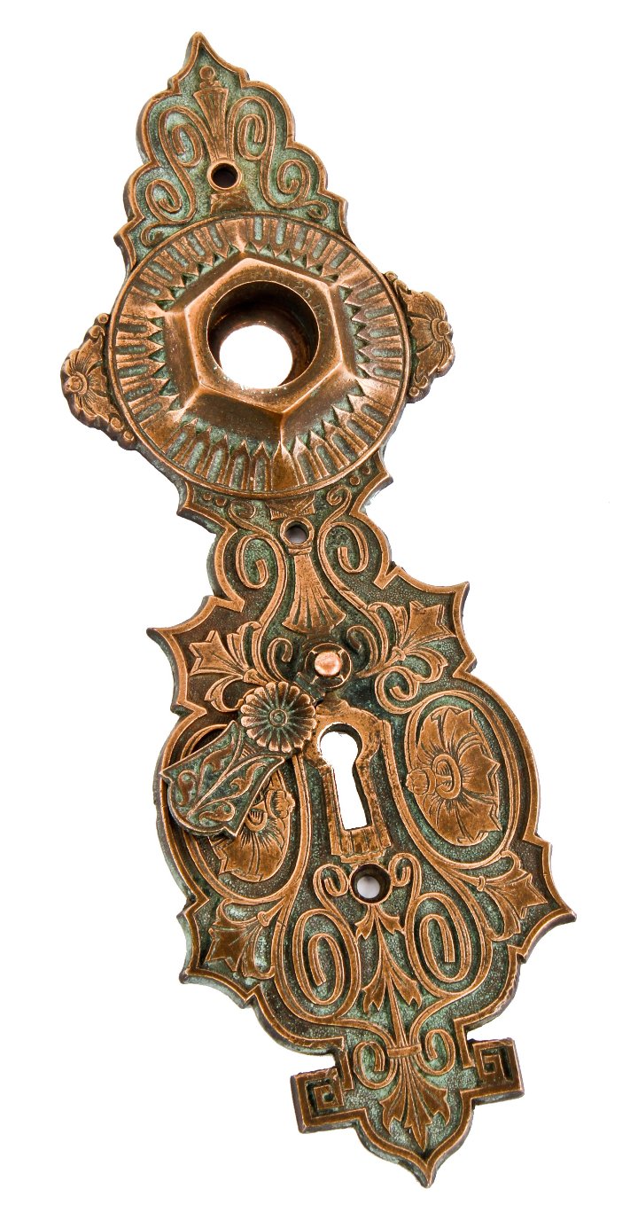 highly sought after all original and intact ornamental "compression cast" bronze metal stately entrance door escutcheon or backplate with keycover