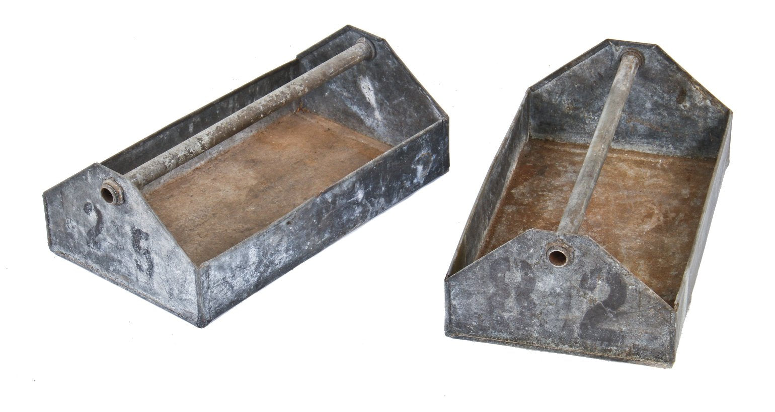 two nearly identical pressed and folded american antique industrial galvanized steel lyon factory "small parts" numbered totes with nicely aged shopworn finish
