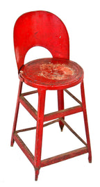 c. 1930's american depression era pressed and folded antique industrial four-legged steel stool with unusual hinged contoured backrest and old red paint finish