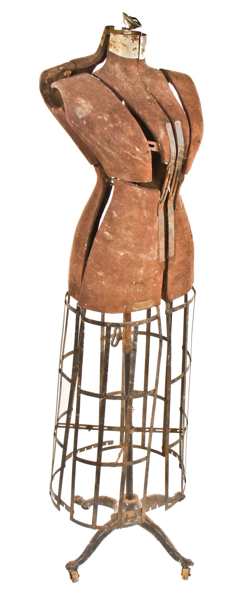 largely intact and well-maintained early 20th century freestanding fully adjustable patented chicago state street department store dress-form with intact swivel casters