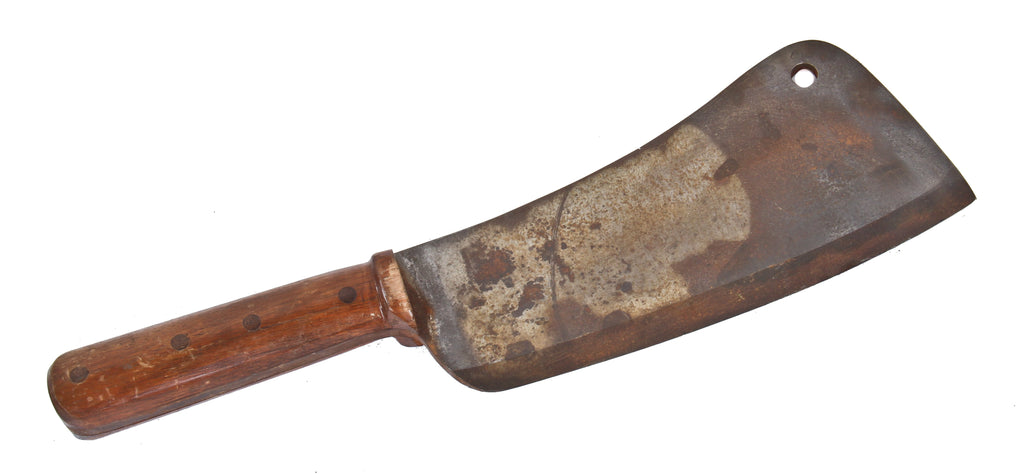 early 20th century oversized antique american industrial chatillon heavy gauge solid steel chicago butcher shop metal cleaver with maple wood handle