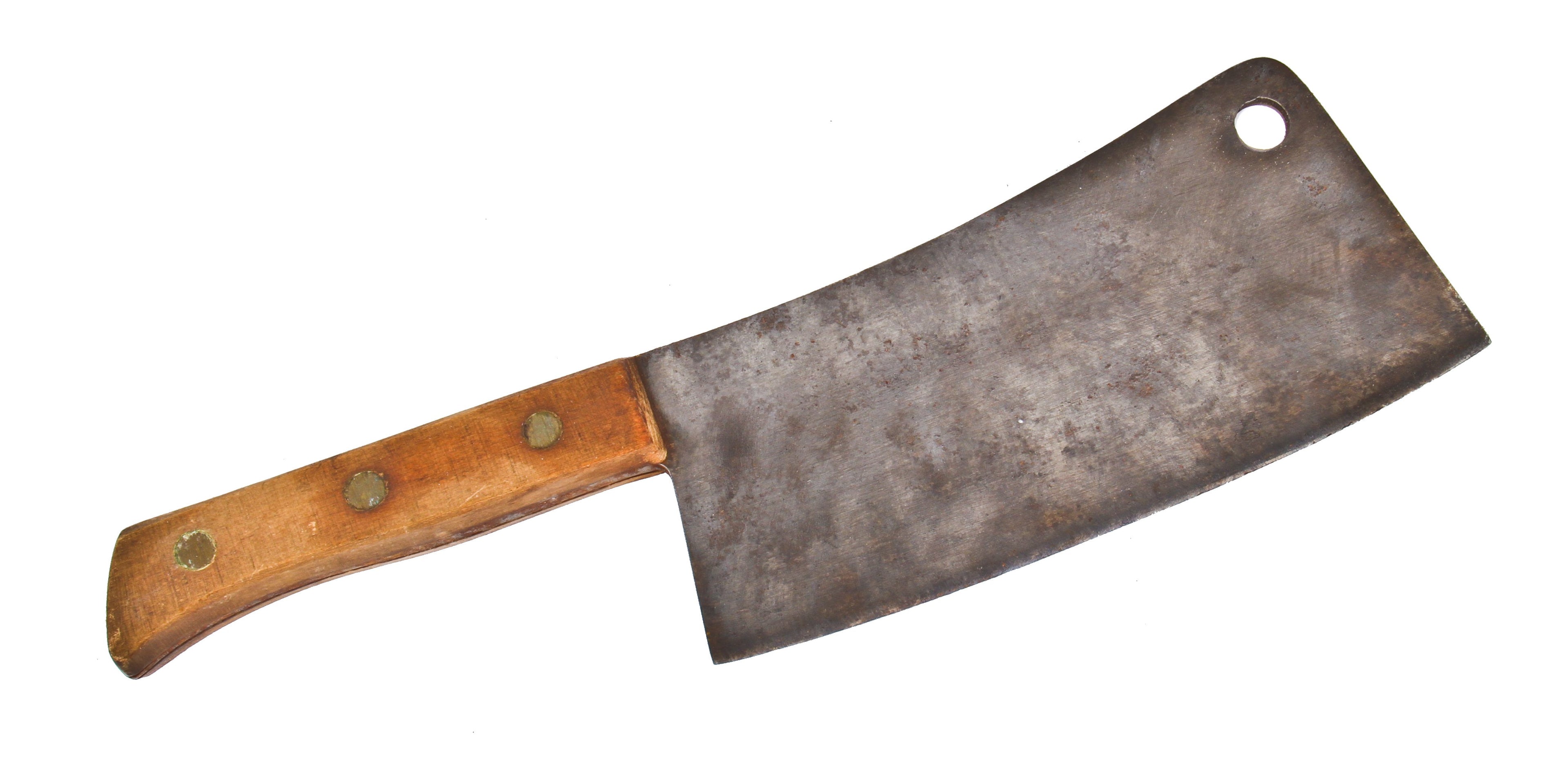 original oversized early 20th century american industrial chicago hog butcher's meat cleaver with nicely worn solid steel rectangular-bladed perforated hatchet