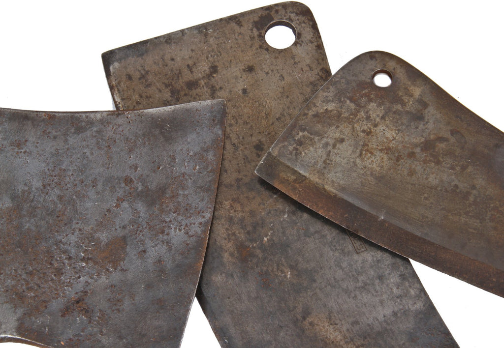 original oversized early 20th century american industrial chicago hog butcher's meat cleaver with nicely worn solid steel rectangular-bladed perforated hatchet