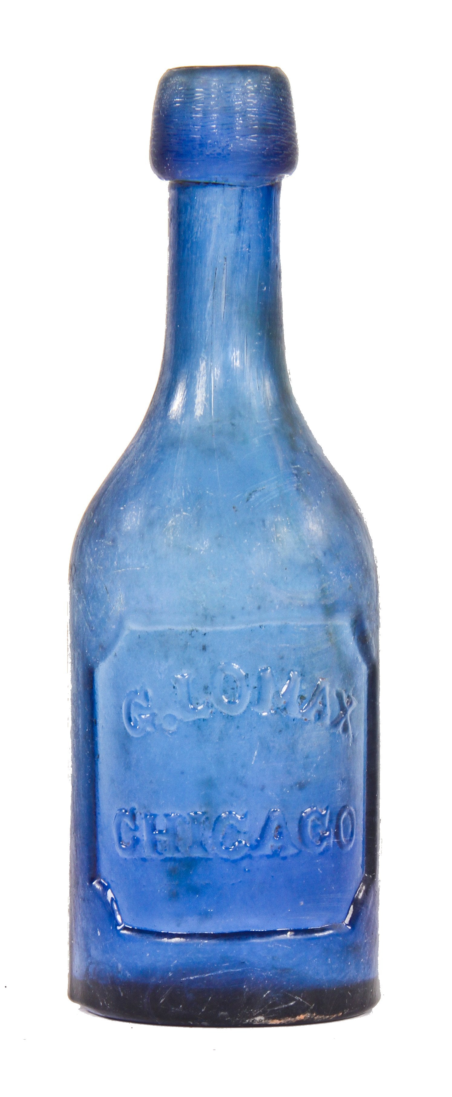 rare mid-nineteenth century american antique cobalt blue glass soda or mineral water bottle manufactured for chicago bottler george lomax
