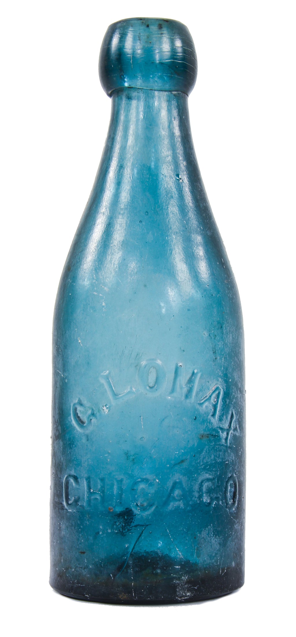 rare privy dug mid-nineteenth century american antique cobalt blue glass soda or mineral water bottle manufactured for bottler george lomax, chicago, il.