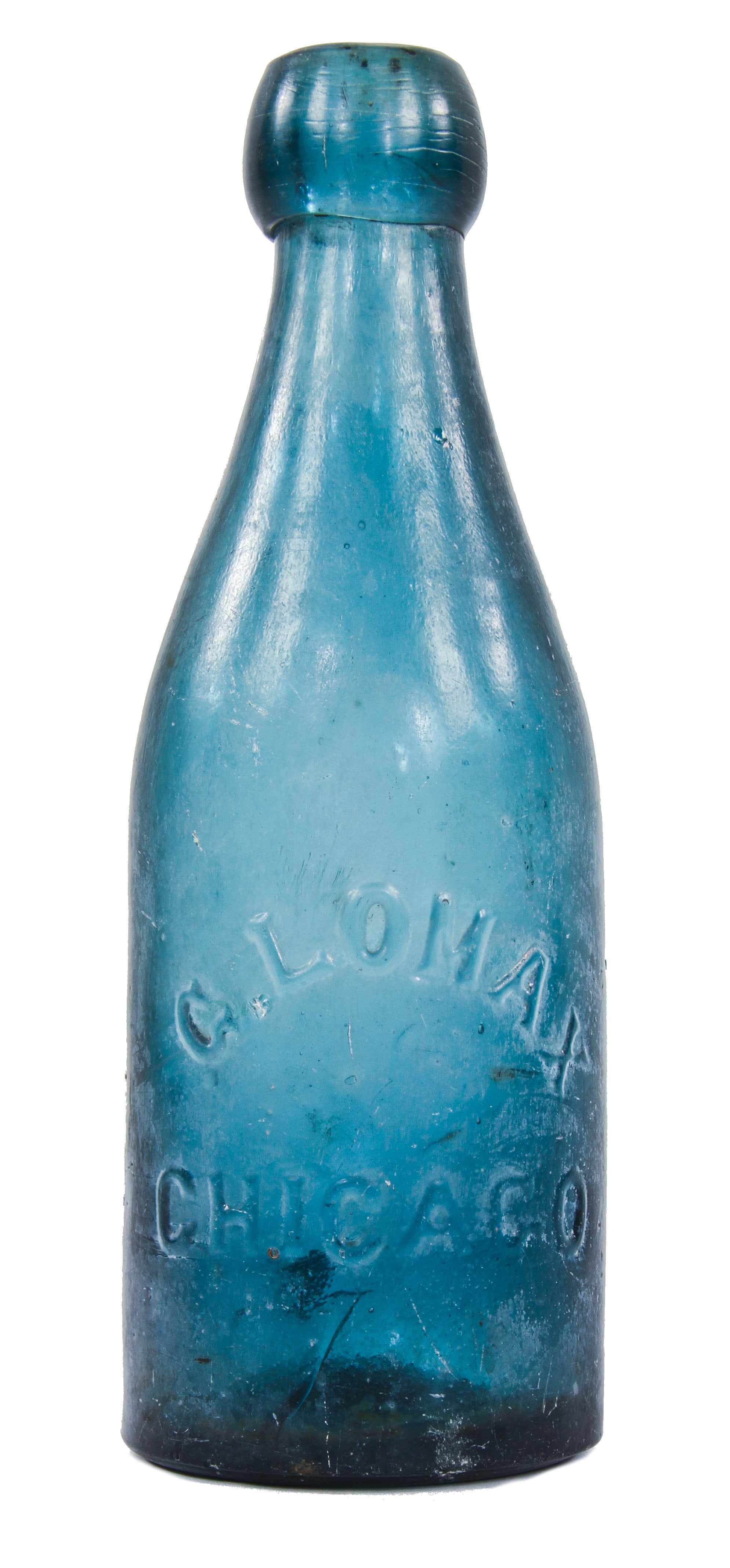 rare privy dug mid-nineteenth century american antique cobalt blue glass soda or mineral water bottle manufactured for bottler george lomax, chicago, il.