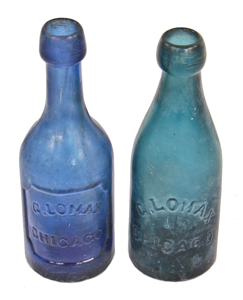 rare privy dug mid-nineteenth century american antique cobalt blue glass soda or mineral water bottle manufactured for bottler george lomax, chicago, il.