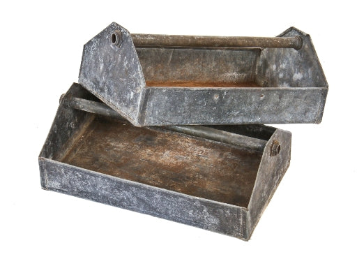matching late 1930's american industrial weathered and worn factory totes comprised of pressed and folded galvanized steel with single tubular handles