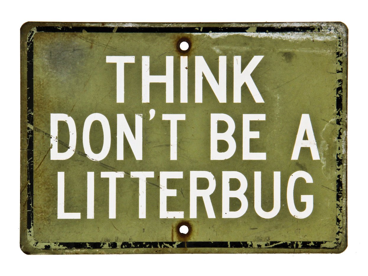 original single-sided c. 1950's heavy gauge stamped steel flush mount "think" factory sign with nicely weathered and worn green paint finish with bold white lettering