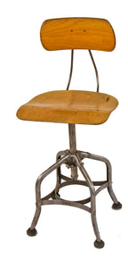 fully adjustable american depression era "uhl art steel" stationary four-legged pressed and folded steel stool with maple wood saddle seat and tilting backrest