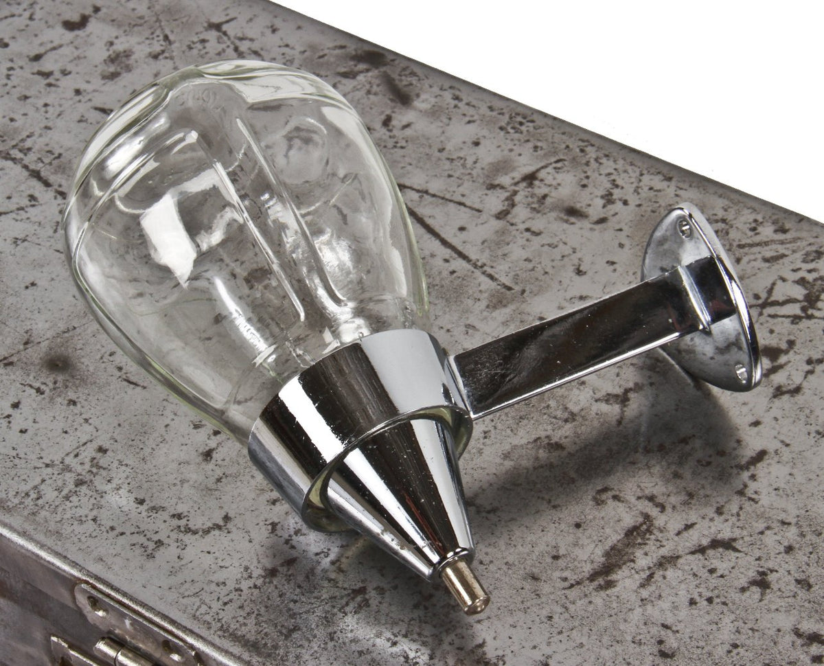original "new old stock" late 1930's or early 1940's american machine age wall-mount fully functional polished chrome liquid soap dispenser with paneled glass reservoir
