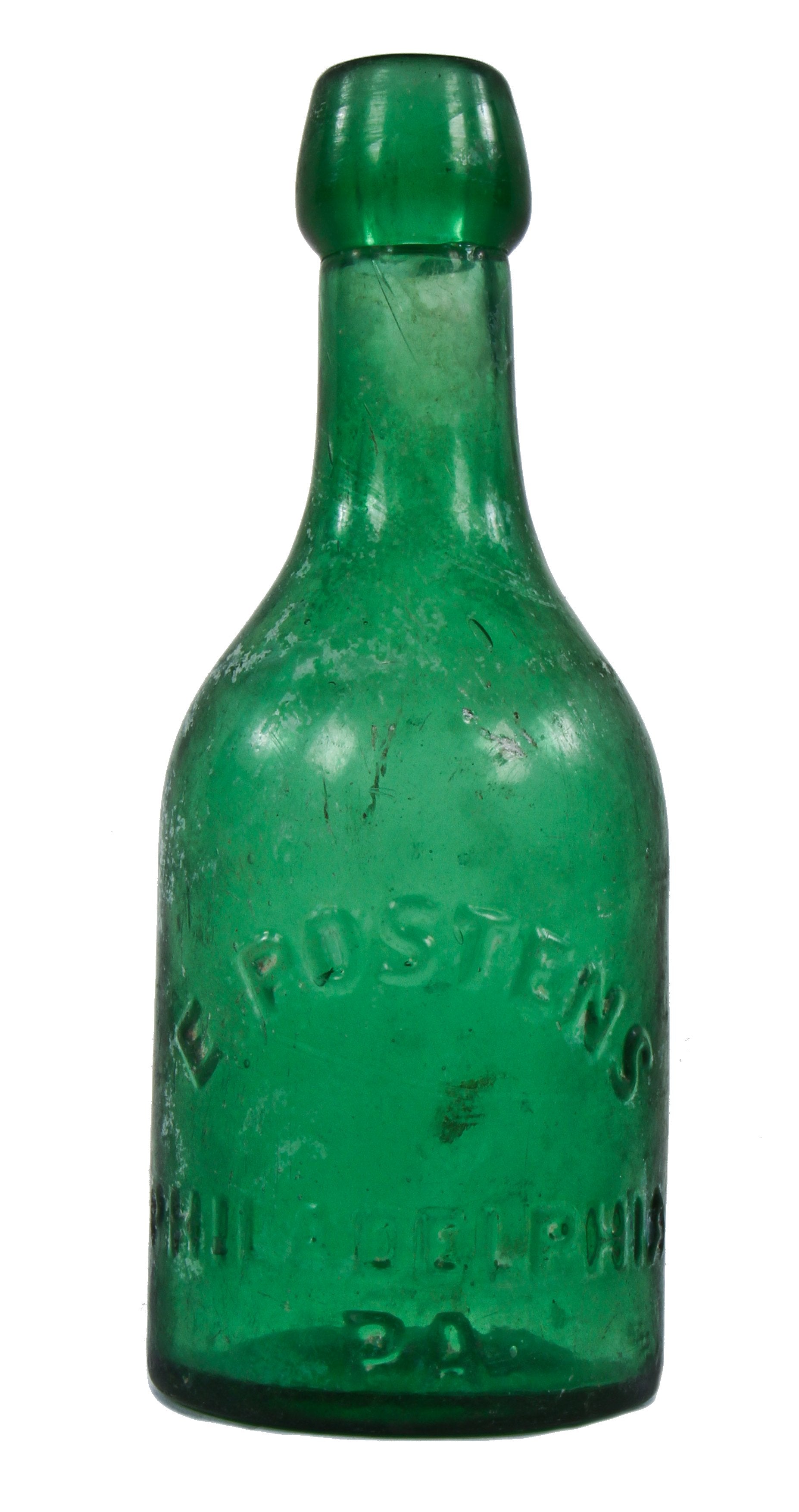 intact mid-nineteenth century privy dug medium emerald green squat porter style bottle manufactured for e. postens in philadelphia, pa.