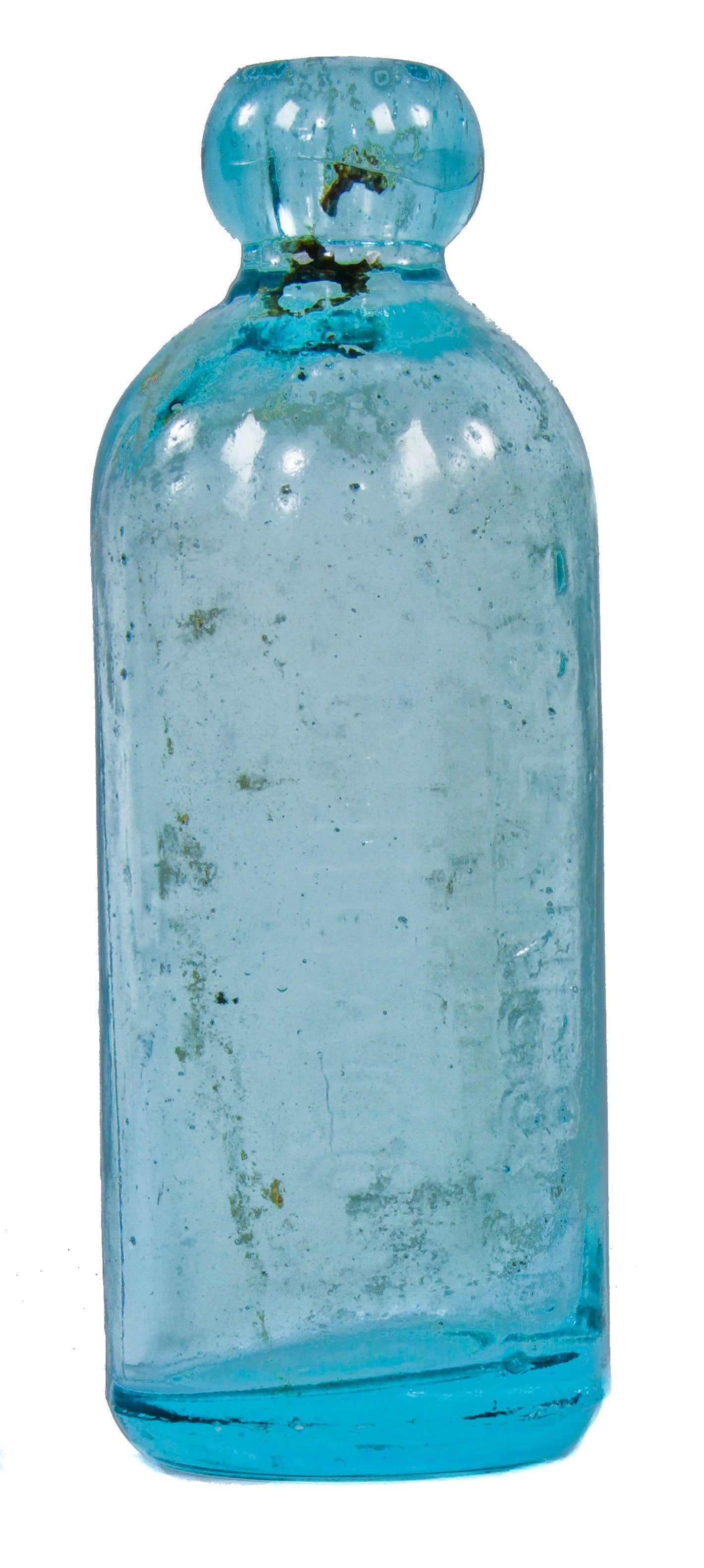 original and completely intact 1880's privy dug deep blue aqua hutchinson style soda bottle fabricated for f.c. lang in chicago, il
