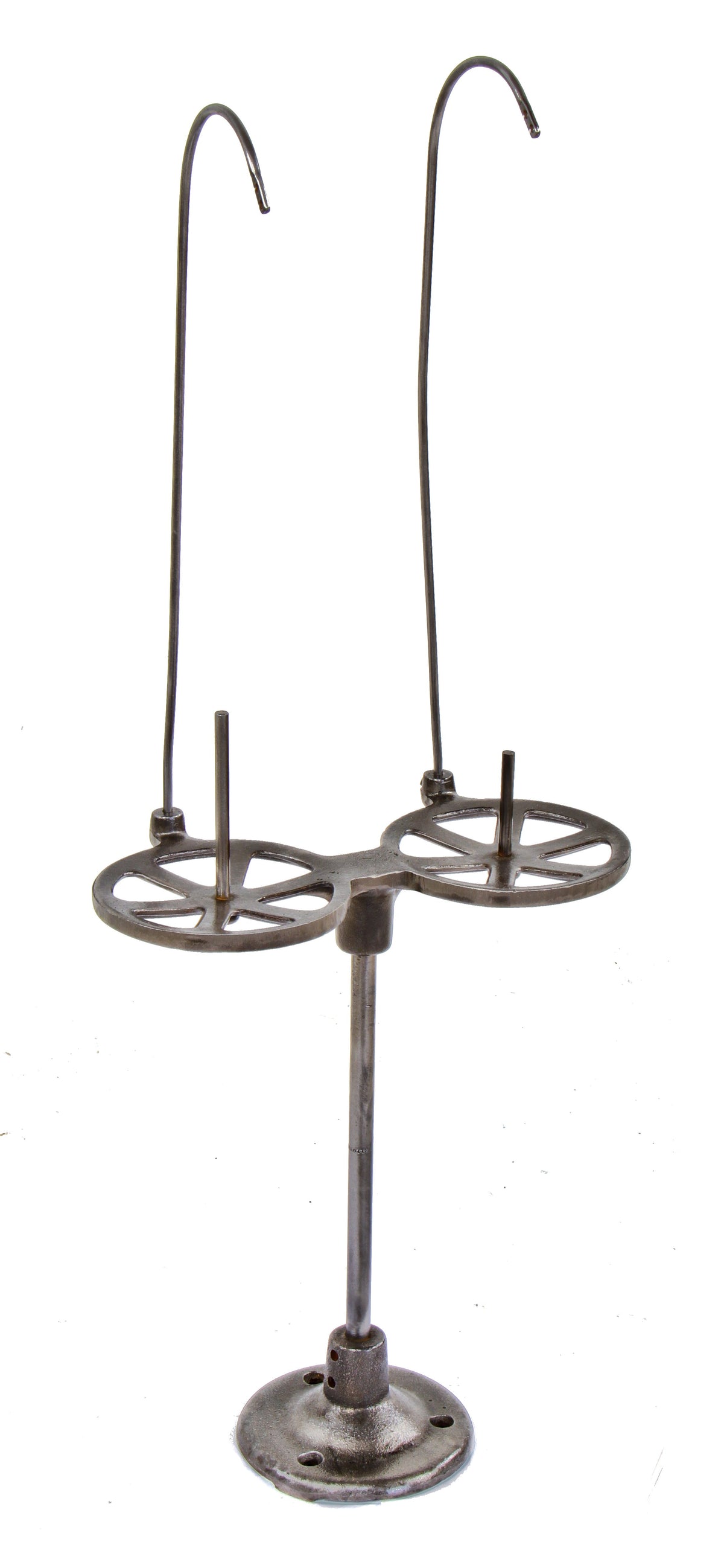 unusual antique american industrial refinished freestanding cast iron double yarn or twine spool stand with tapered base plate containing holes for mounting purposes